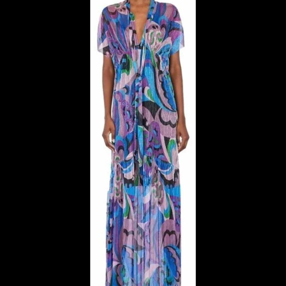 NWOT Zara Purple & Blue Retro Swirl Sheer Metallic Pleated Maxi Dress - Size S